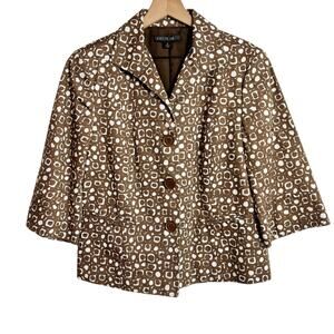 LAFAYETTE 148 BROWN WHITE GEOMETRIC PRINTED WOMEN BLAZER SIZE 14 100% COTTON